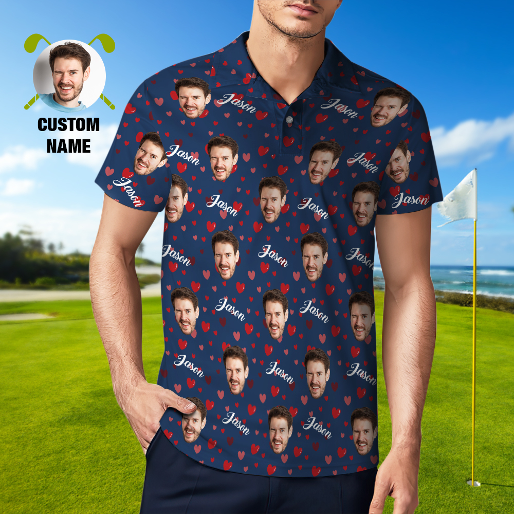 Custom Name Polo Shirt Personalized Hearts Short Sleeve Golf Shirt with Picture Logo Custom Polos for Men