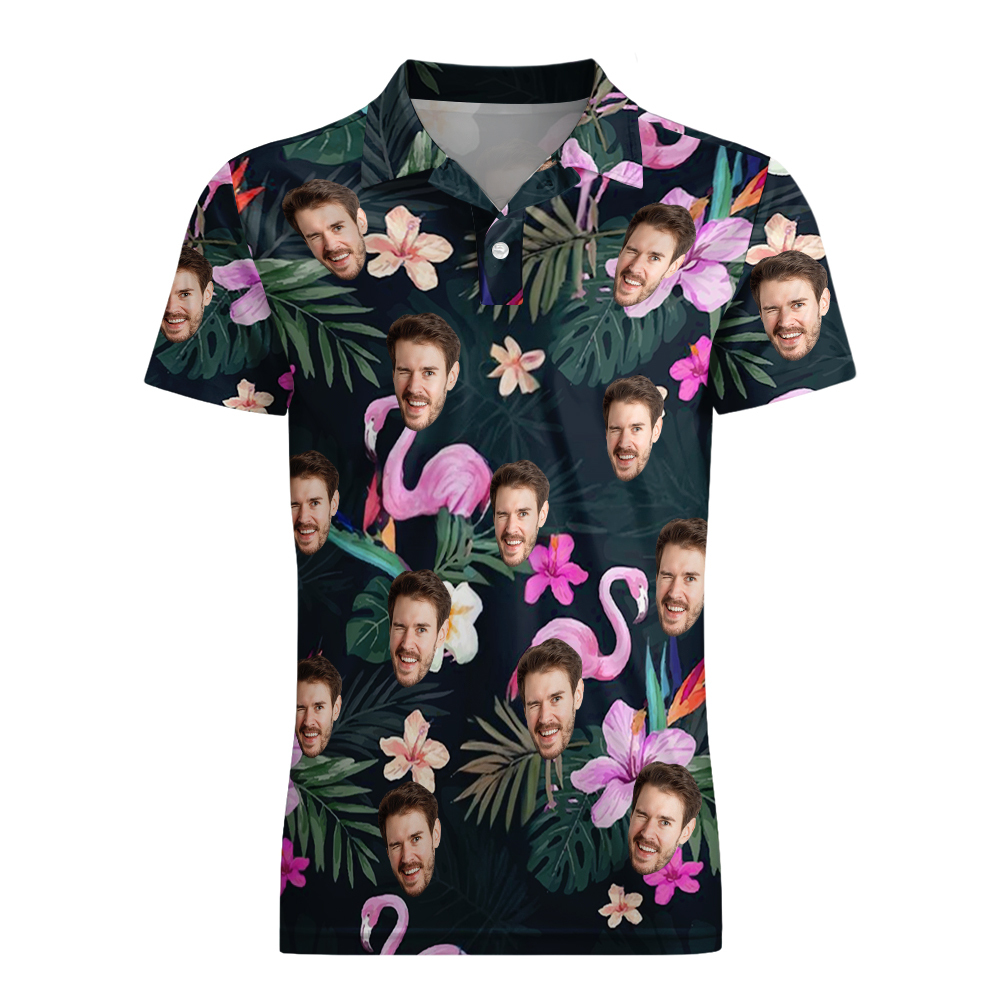 Custom Polo Shirt with Face Personalized Logo Flamingo Pink Flower Polo Shirt for Men Gift for Him
