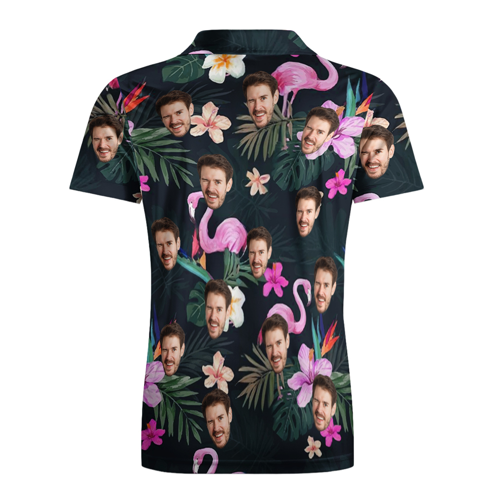 Custom Polo Shirt with Face Personalized Logo Flamingo Pink Flower Polo Shirt for Men Gift for Him