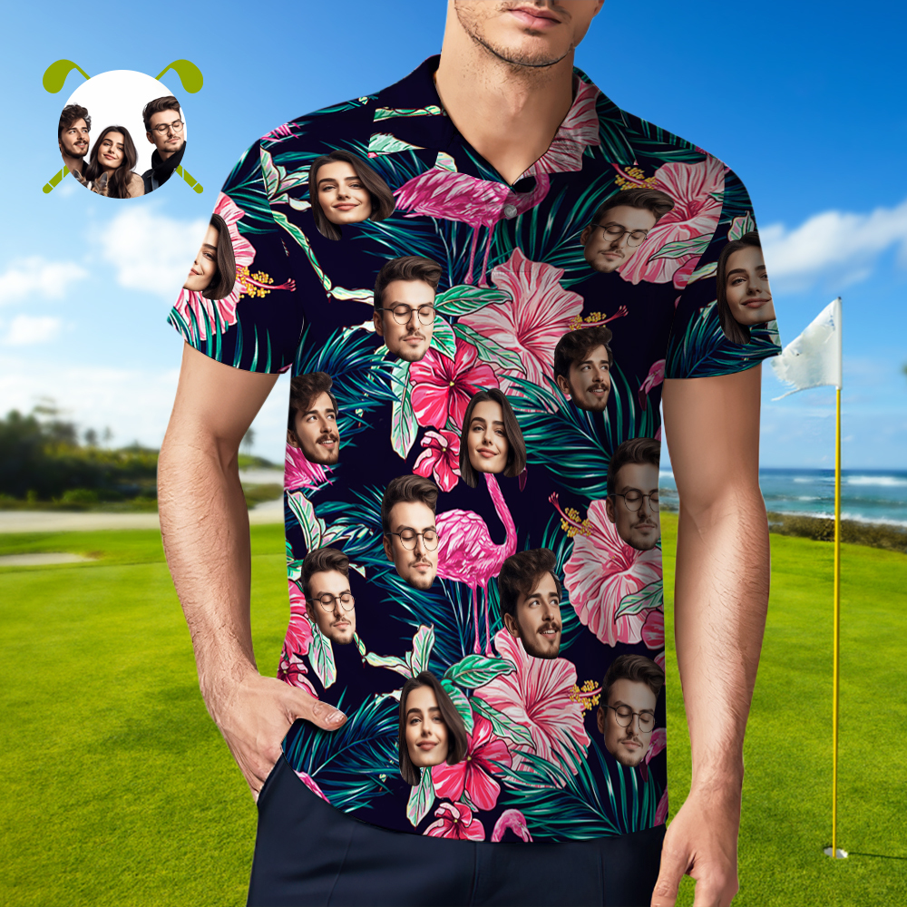 Custom Polo Shirt with Face Personalized Flamingo Flower Polo Shirt for Men Gift for Him