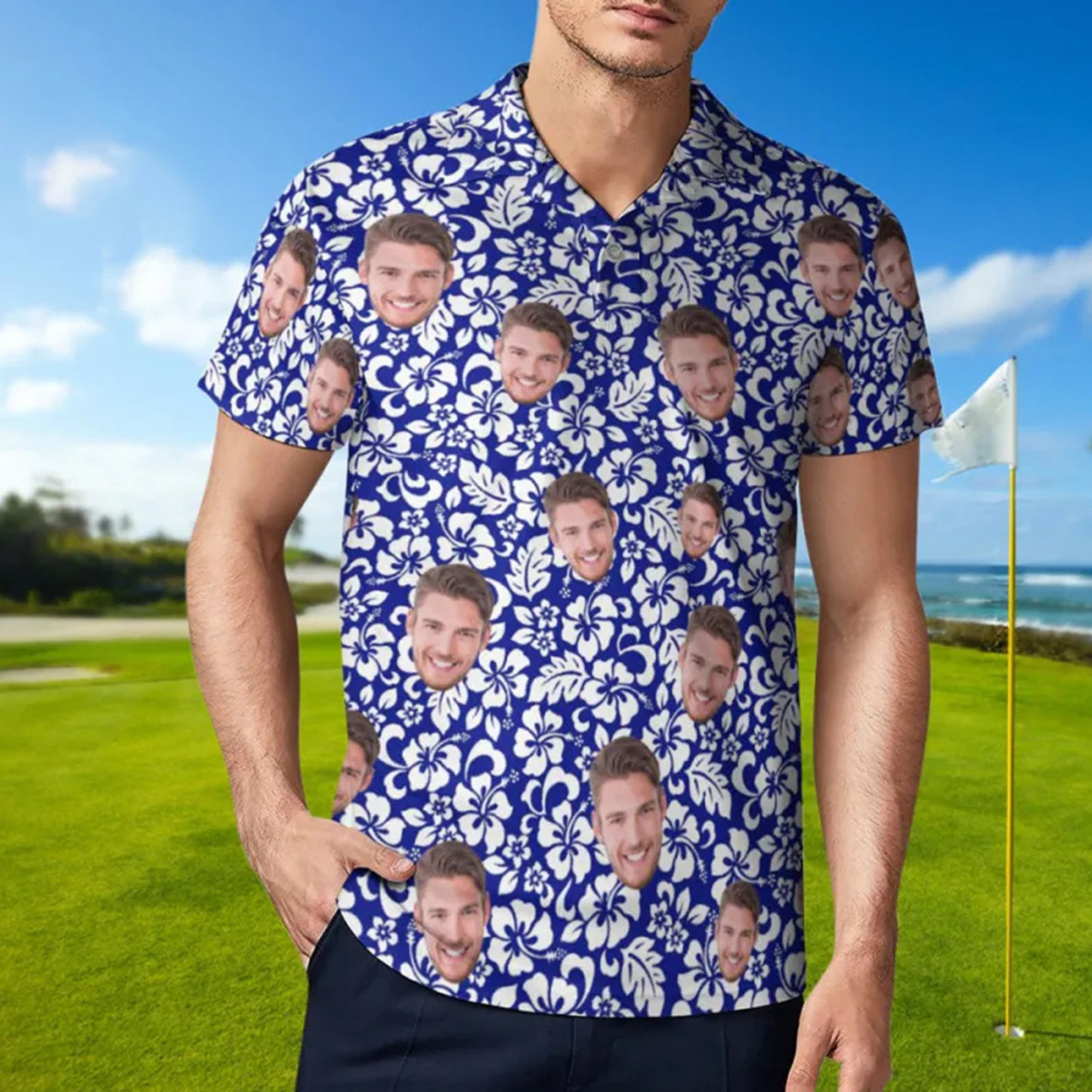 Custom Face Polo Shirt For Men Personalized Blue Hawaiian Golf Shirts