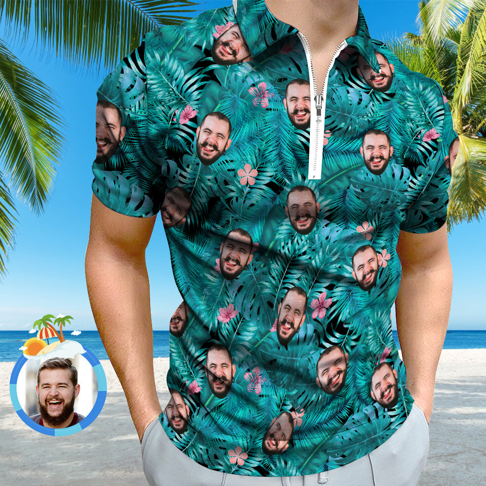 Custom Face Polo Shirt Personalized Hawaiian Style Polo Shirt with Zipper Face Polo Shirt for Boyfriend or Husband