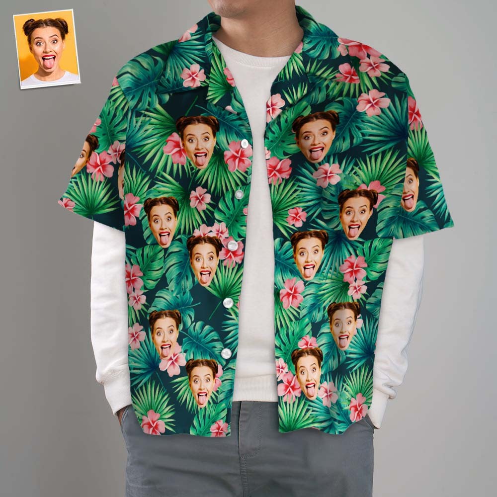 Custom Hawaiian Shirt with Dog Face Men's Hawaiian Shirt Red Flowers Casual Shirt