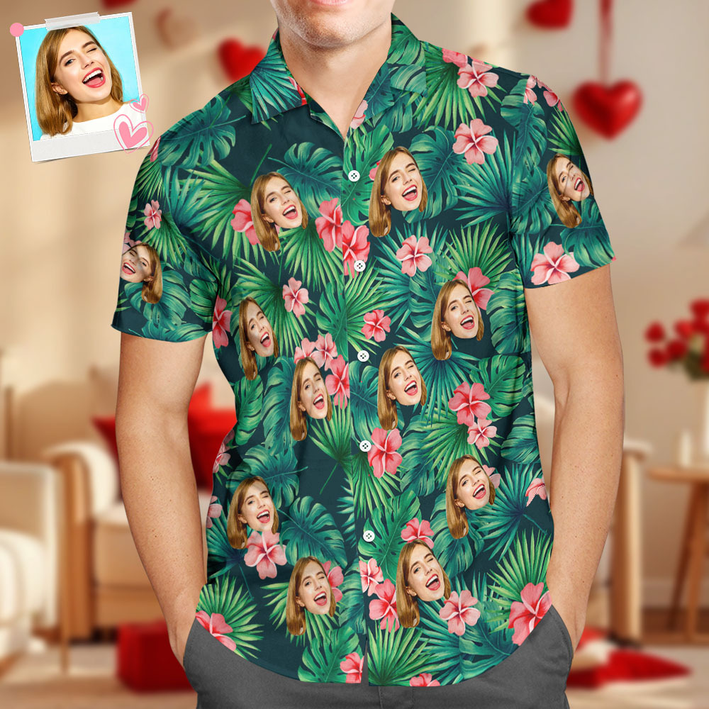 Custom Hawaiian Shirt with Dog Face Men's Hawaiian Shirt Red Flowers Casual Shirt