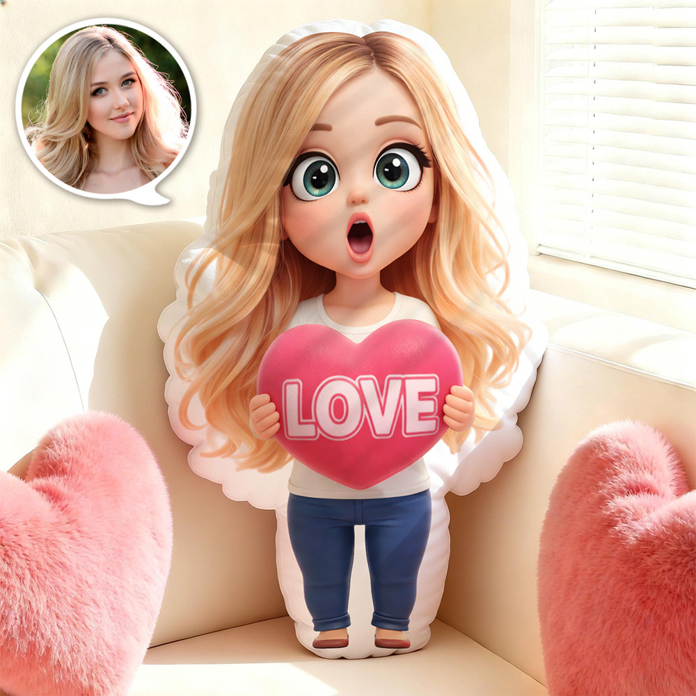 Custom Photo Cartoon LOVE Minime Pillow Cute Valentine’s Day Gift for Couples & Loved Ones