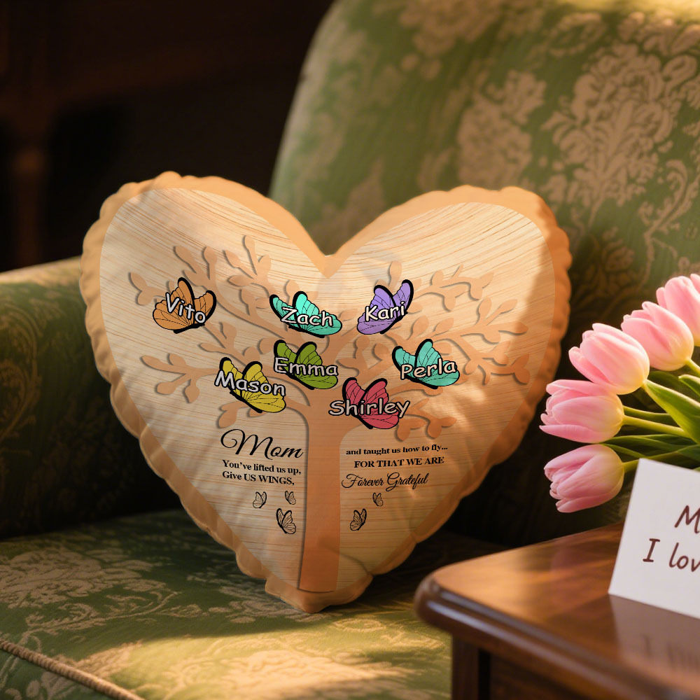 Personalized 1-7 Names Heart Pillow Butterfly Signs Pillow Mother's Day Pillow Gift