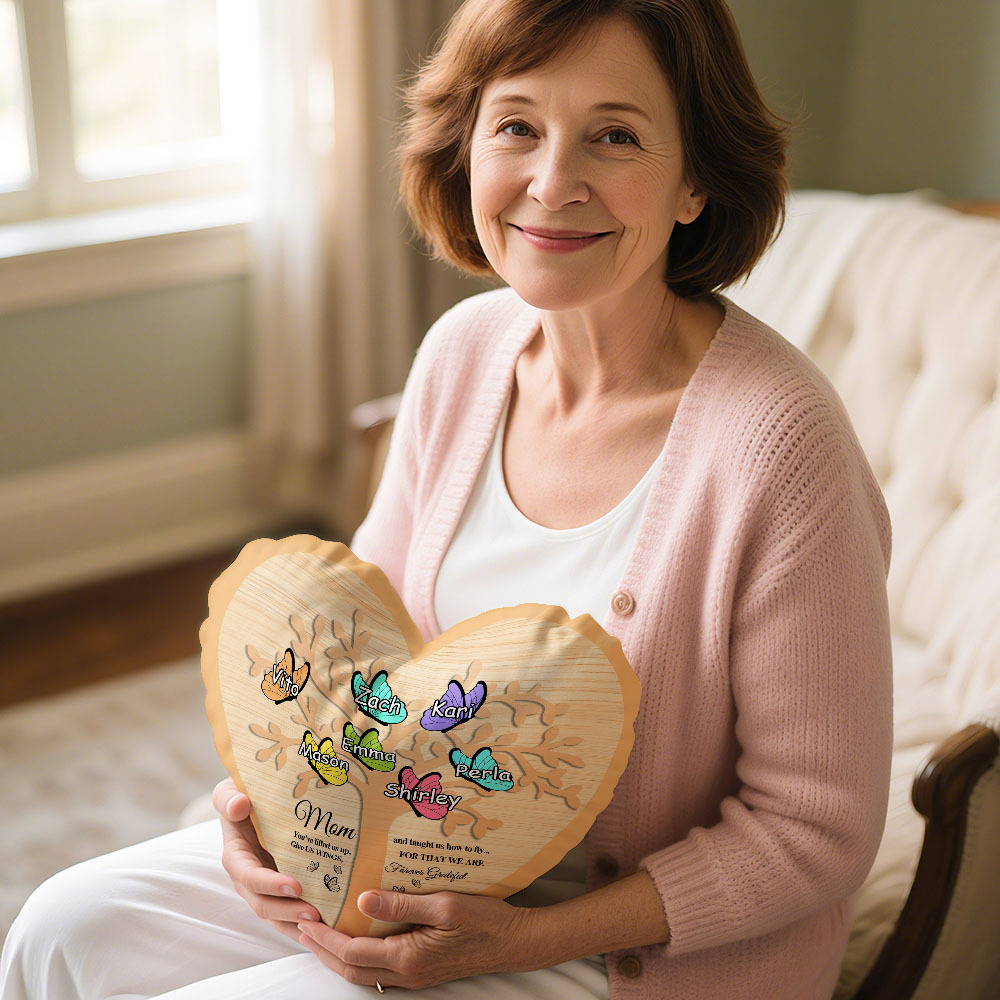 Personalized 1-7 Names Heart Pillow Butterfly Signs Pillow Mother's Day Pillow Gift