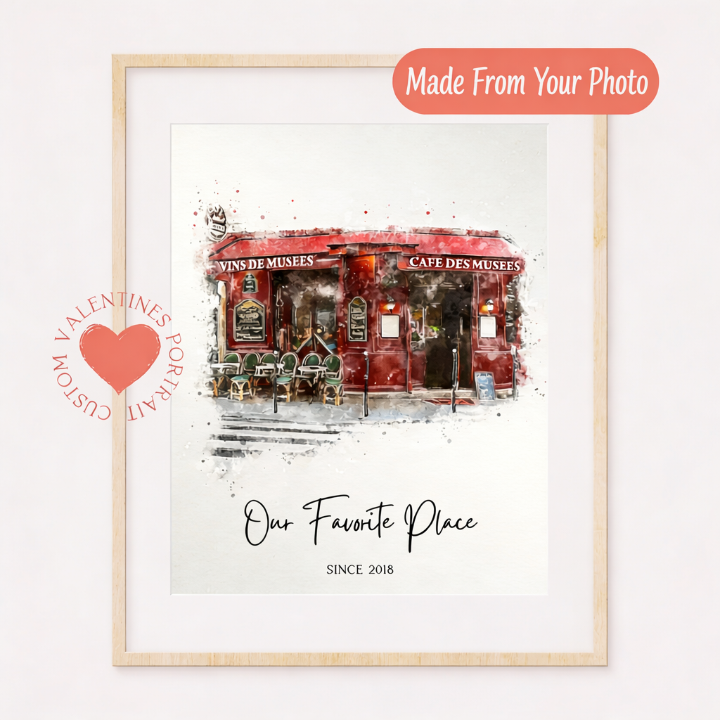 Custom First Date Venue Portrait – Hand-Drawn Watercolor Anniversary Gift