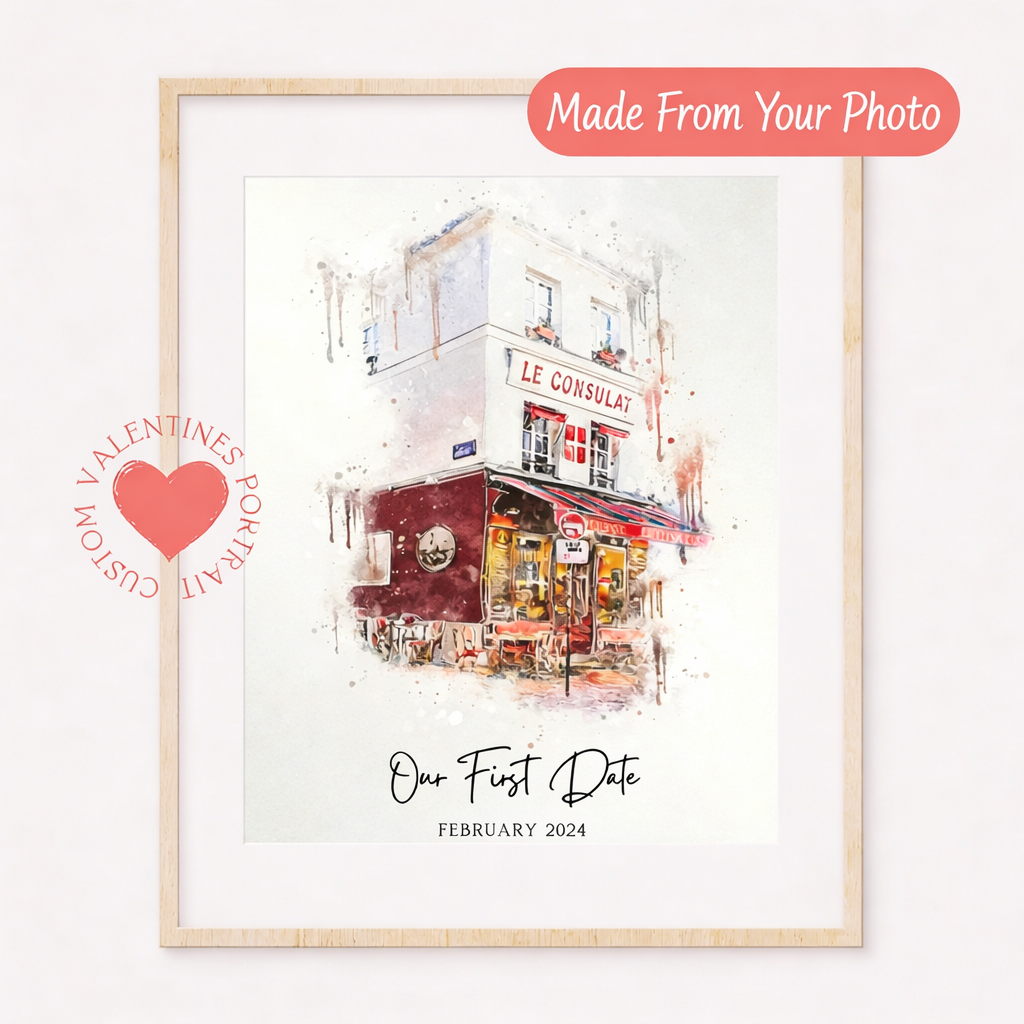 Custom First Date Venue Portrait – Hand-Drawn Watercolor Valentine's Day Gift