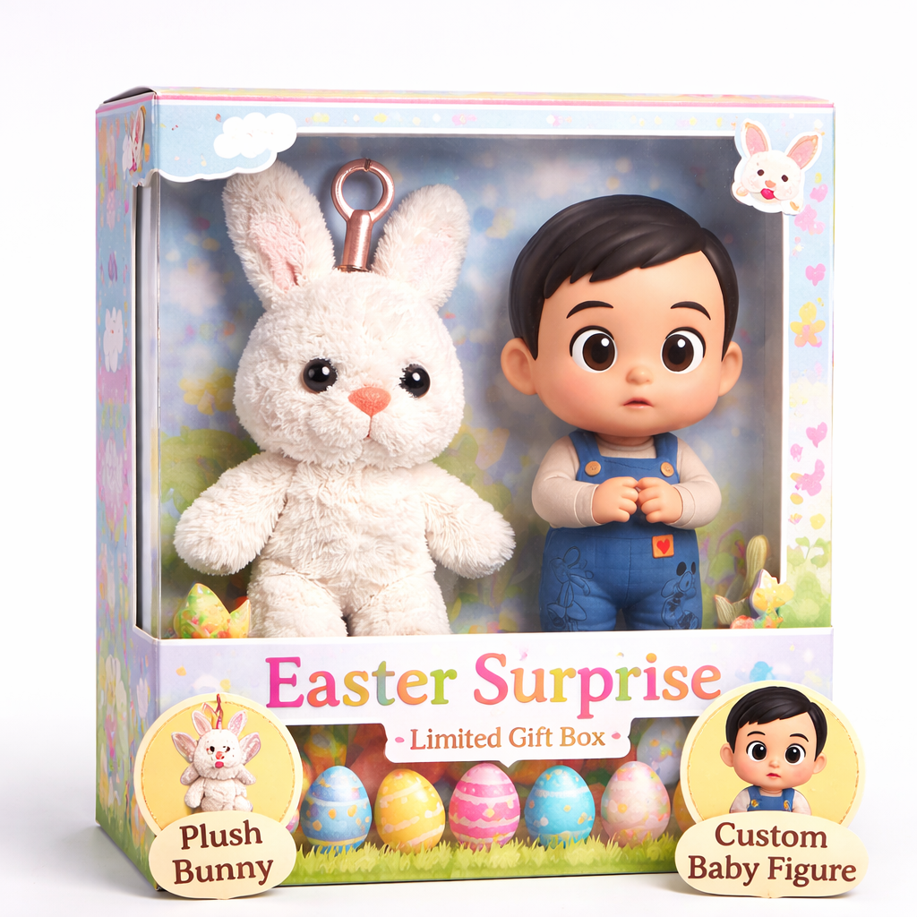 Custom 3D Baby Figure Easter Gift Box – Personalized Mini Doll with Plush Bunny, From Photo
