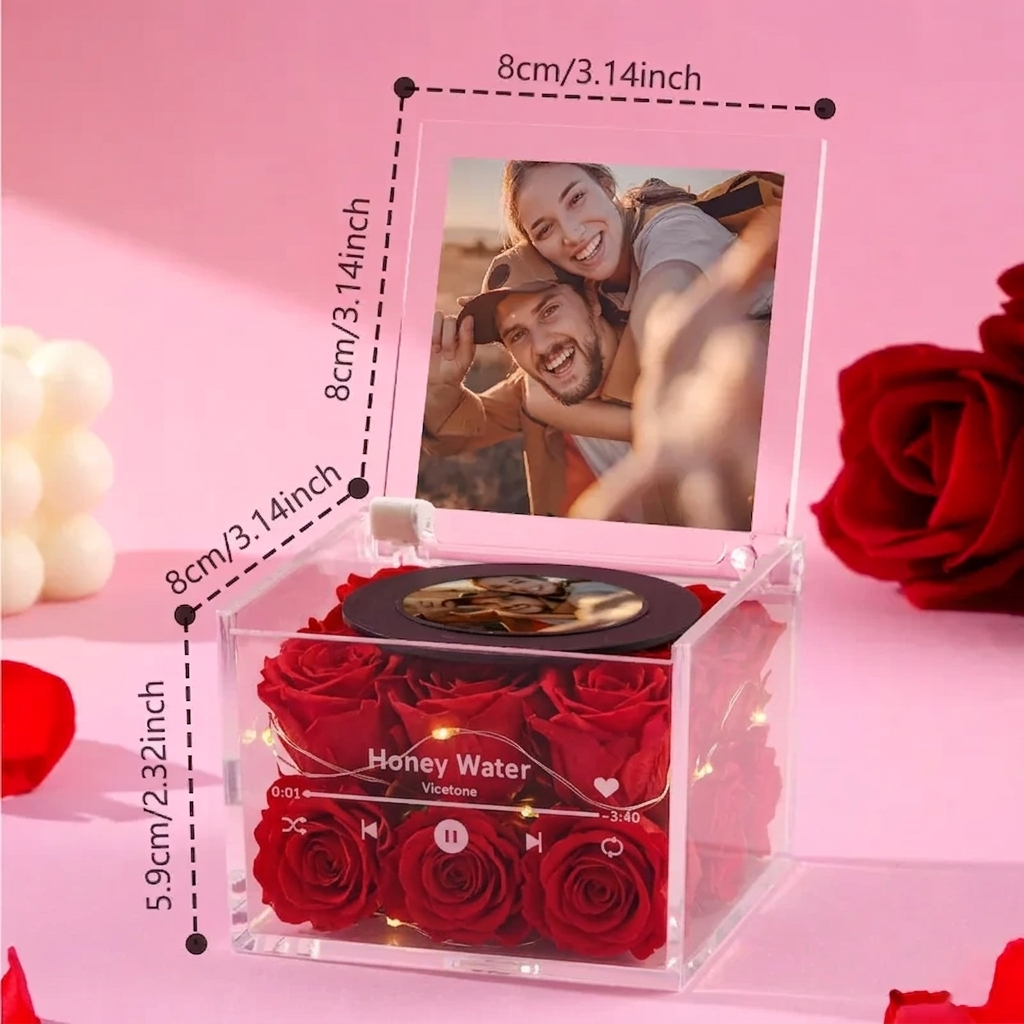Rose Music Record Auto-Music Player Custom Photo with Light Personalized Music Acrylic Box for Best Mom on Mother's Day - CustWit