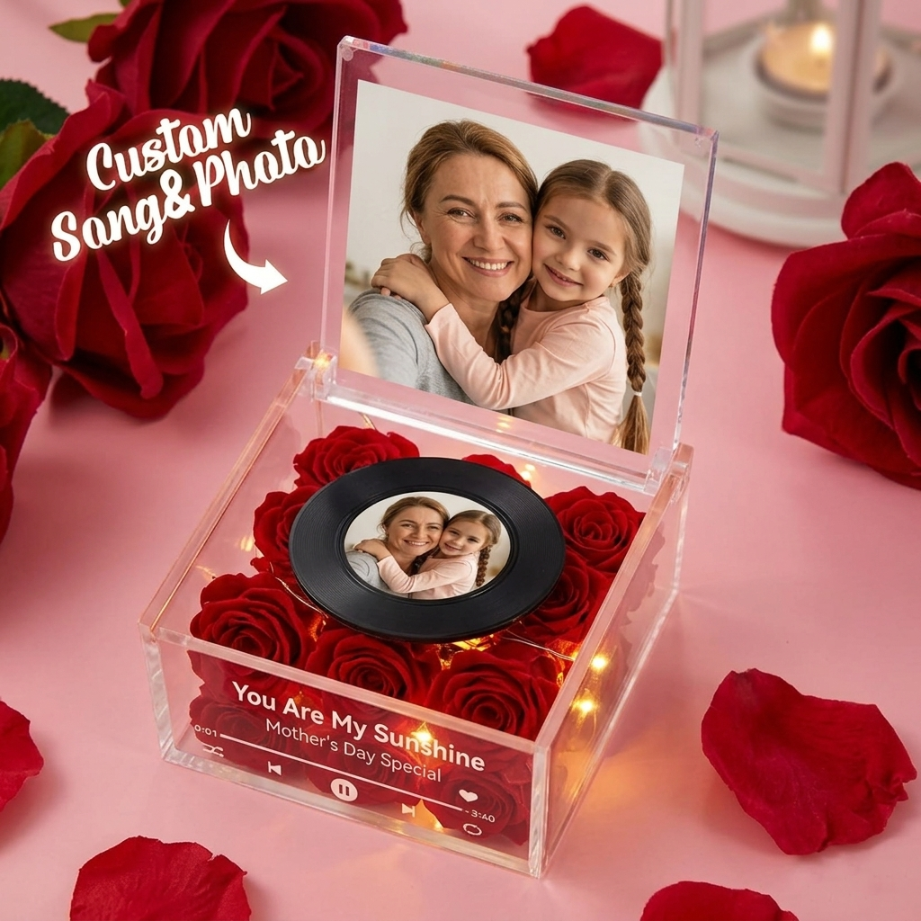 Rose Music Record Auto-Music Player Custom Photo with Light Personalized Music Acrylic Box for Best Mom on Mother's Day - CustWit