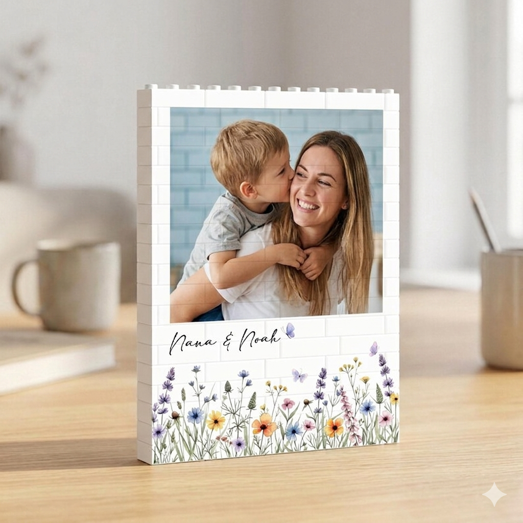Personalized Wildflower Photo Brick Puzzle Custom Name Building Blocks with Floral Illustration Mothers Day Gift for Mom & Grandma Unique Desktop Picture Frame Bricks