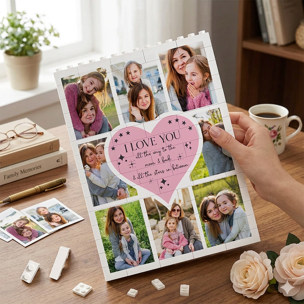 Personalized Heart Photo Brick Puzzle Custom To the Moon & Back Building Blocks Multi-Photo Collage Keepsake Gift for Mom Anniversary Decor Bricks