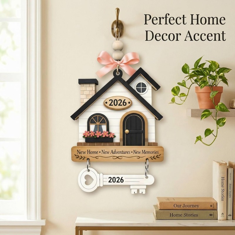 New Home Gift Wooden House Ornament - Housewarming Key Pendant Decor