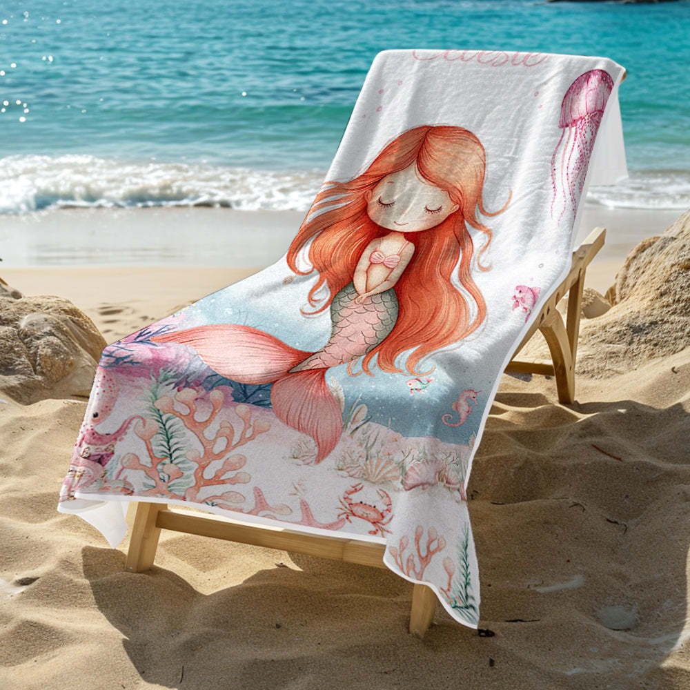 Personalized Cute Mermaid Beach Towel with Name Beach Vacation Accessories Gift for Girl - CustWit