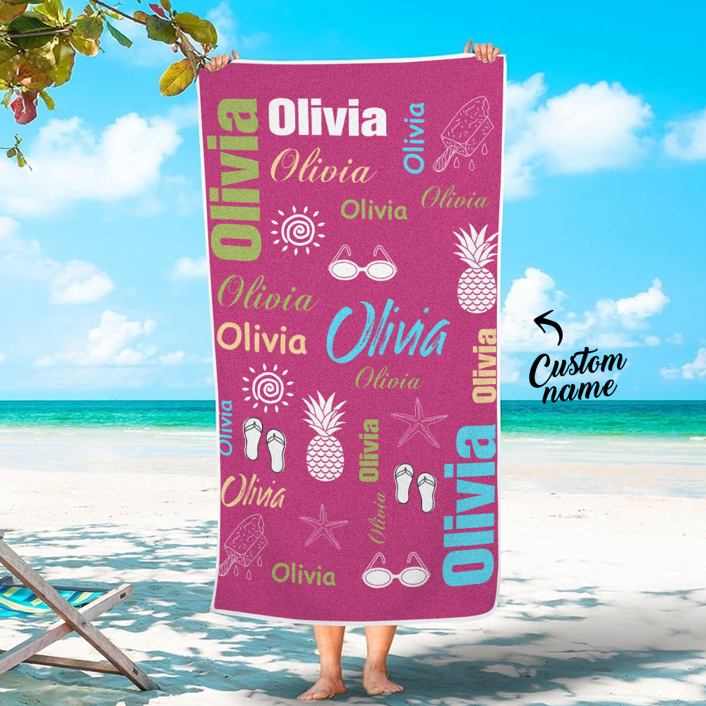 Personalized colorful Beach Towel with Name Summer Vacation Party Gift for Kid - CustWit