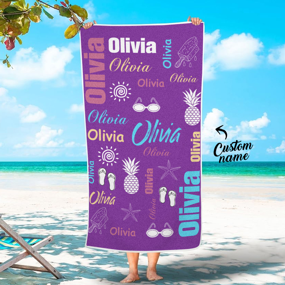 Personalized colorful Beach Towel with Name Summer Vacation Party Gift for Kid - CustWit