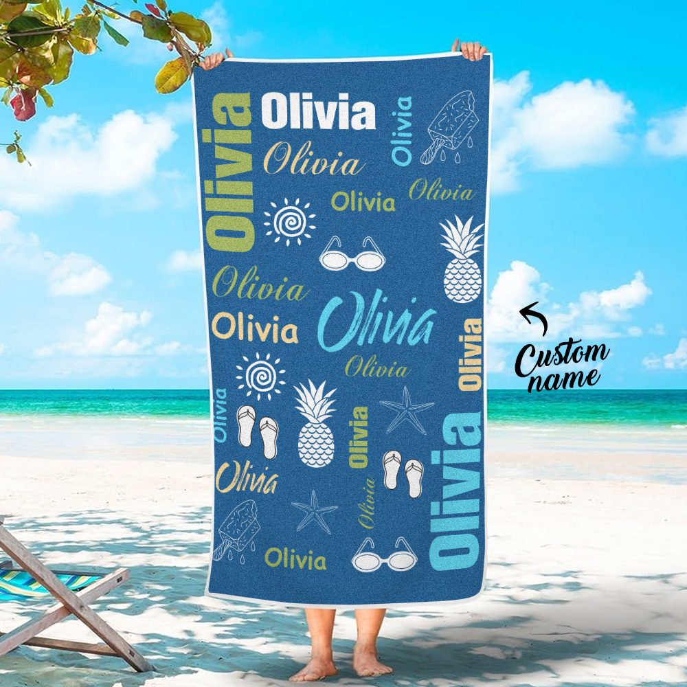 Personalized colorful Beach Towel with Name Summer Vacation Party Gift for Kid - CustWit