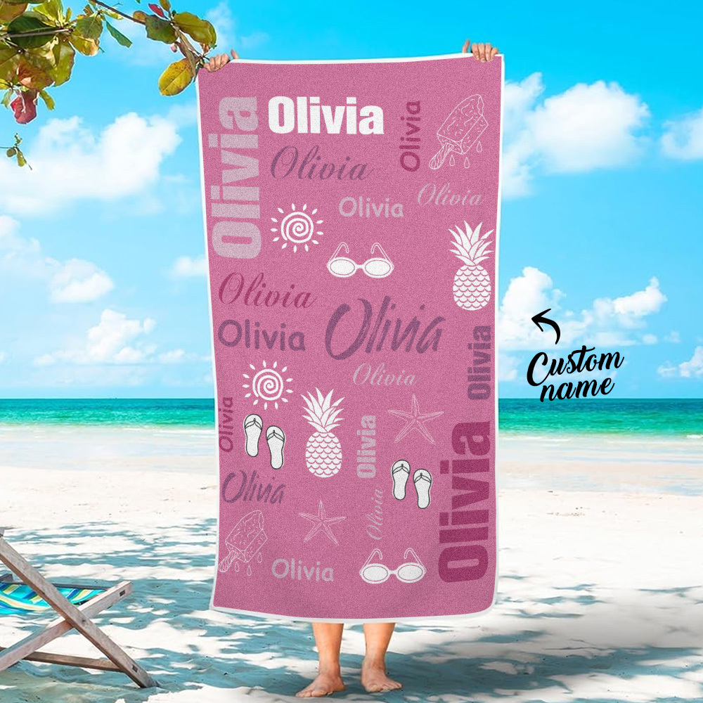Personalized colorful Beach Towel with Name Summer Vacation Party Gift for Kid - CustWit