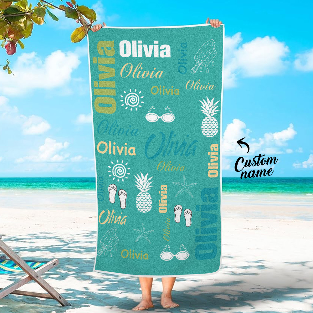 Personalized colorful Beach Towel with Name Summer Vacation Party Gift for Kid - CustWit