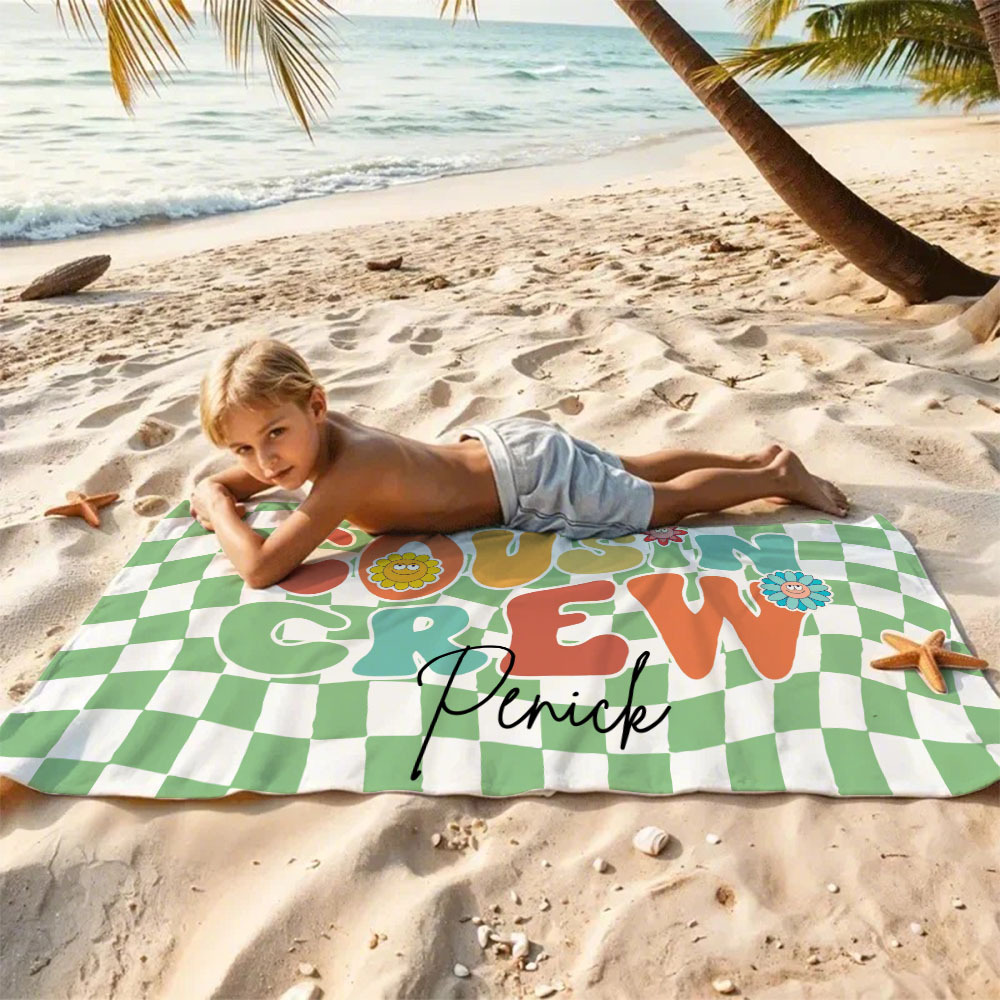 Personalised Cousin Crew Plaid Design Oversized Quick Dry Beach Towel with Name Birthday Summer Vacation Accessory Gift for Kids - CustWit