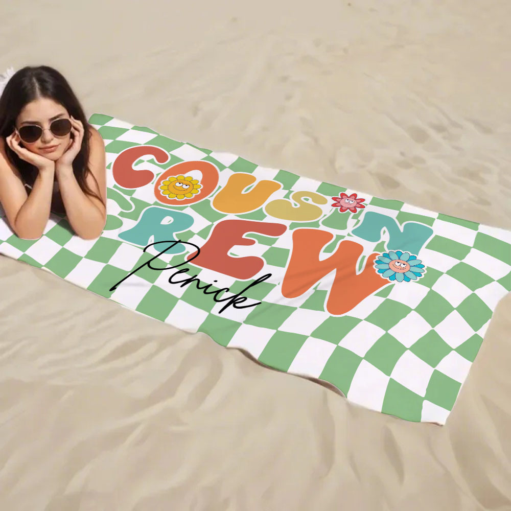Personalised Cousin Crew Plaid Design Oversized Quick Dry Beach Towel with Name Birthday Summer Vacation Accessory Gift for Kids - CustWit
