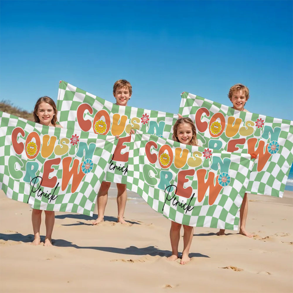 Personalised Cousin Crew Plaid Design Oversized Quick Dry Beach Towel with Name Birthday Summer Vacation Accessory Gift for Kids - CustWit