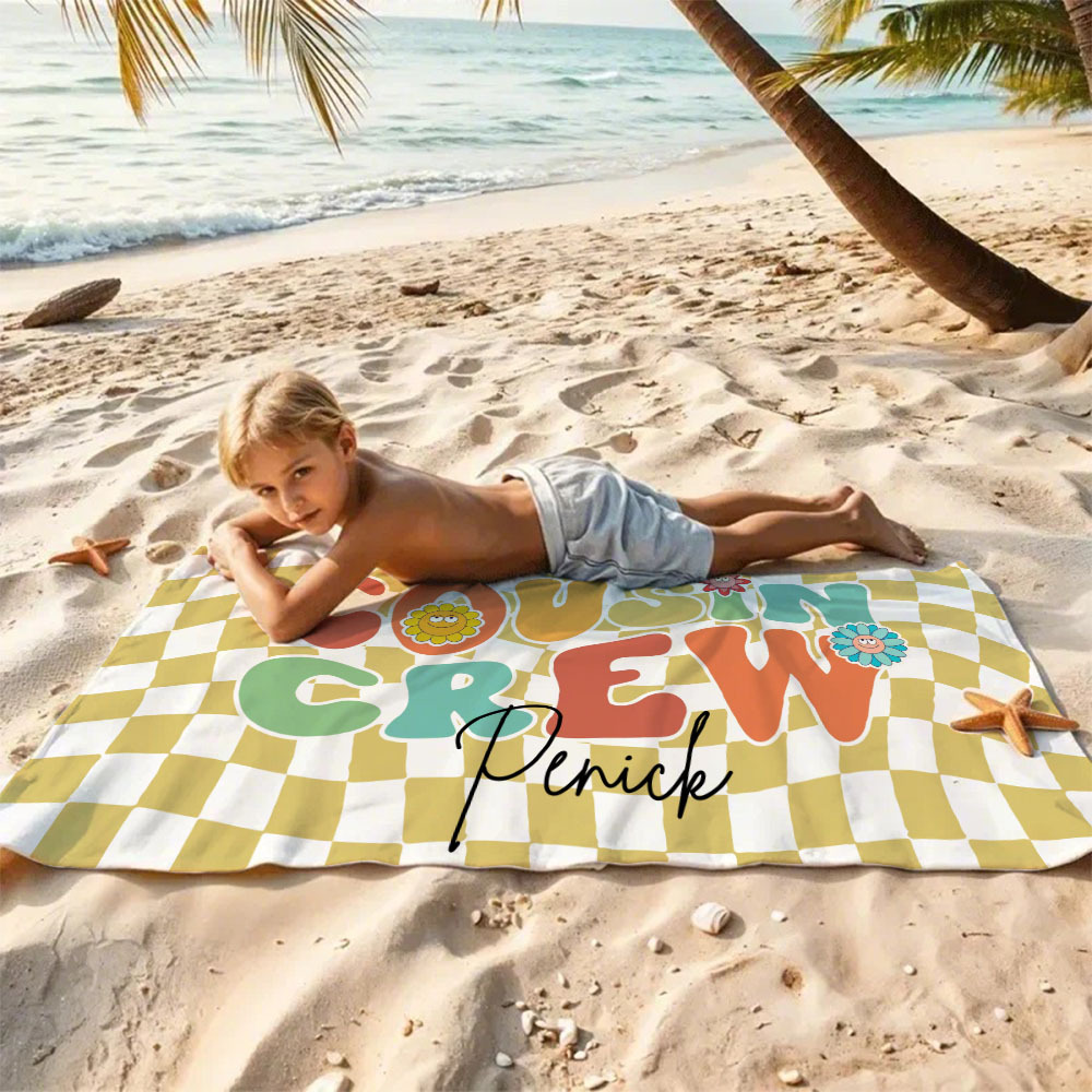 Personalised Cousin Crew Plaid Design Oversized Quick Dry Beach Towel with Name Birthday Summer Vacation Accessory Gift for Kids - CustWit