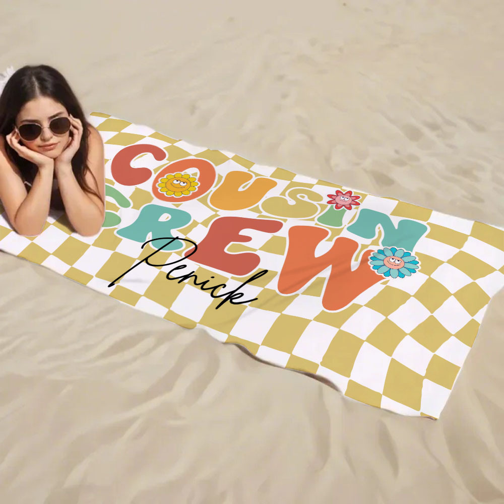 Personalised Cousin Crew Plaid Design Oversized Quick Dry Beach Towel with Name Birthday Summer Vacation Accessory Gift for Kids - CustWit