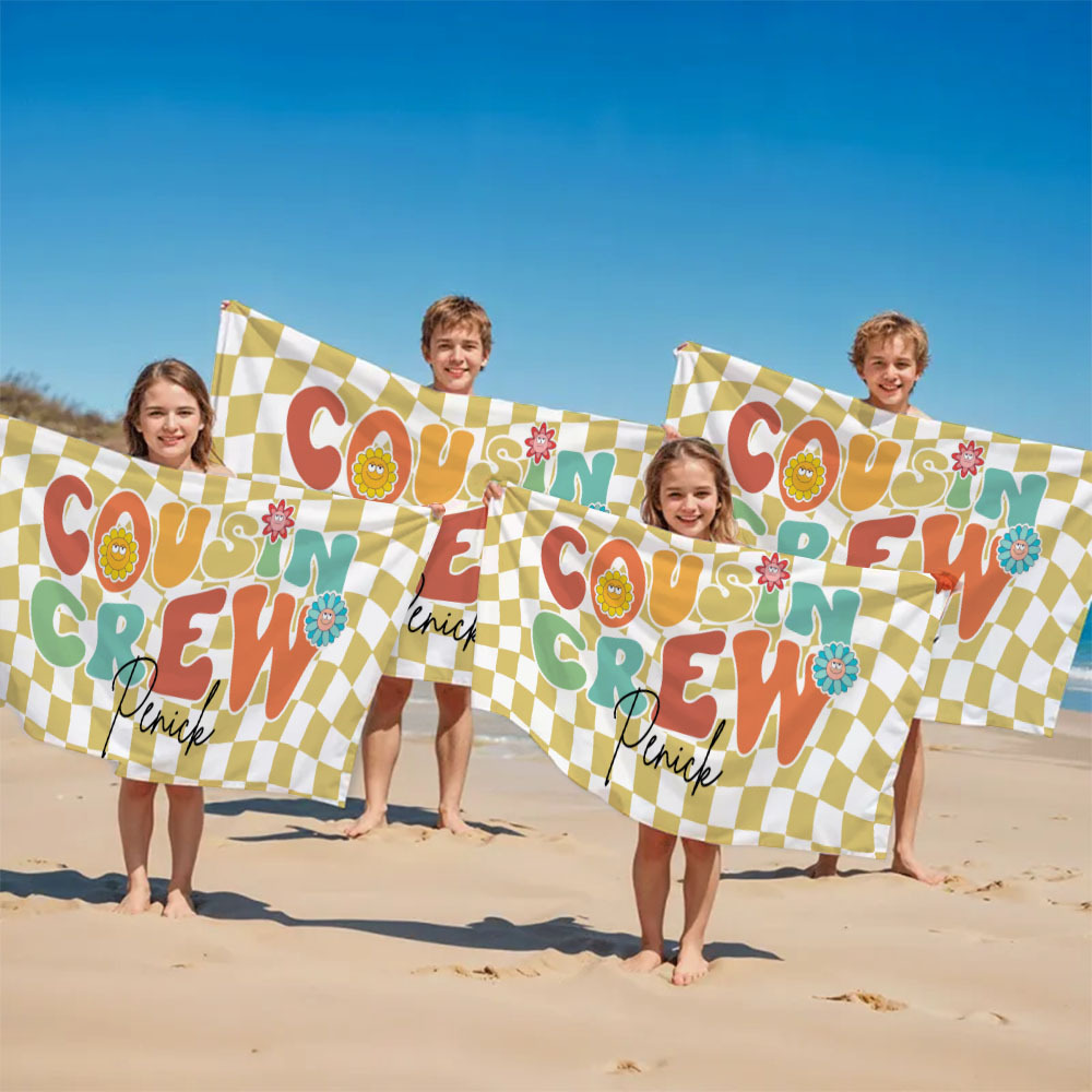 Personalised Cousin Crew Plaid Design Oversized Quick Dry Beach Towel with Name Birthday Summer Vacation Accessory Gift for Kids - CustWit