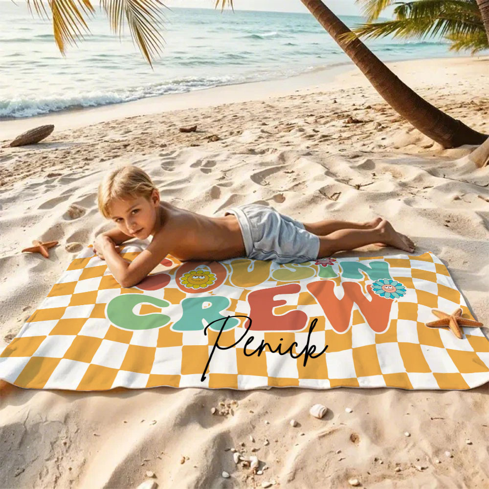 Personalised Cousin Crew Plaid Design Oversized Quick Dry Beach Towel with Name Birthday Summer Vacation Accessory Gift for Kids - CustWit