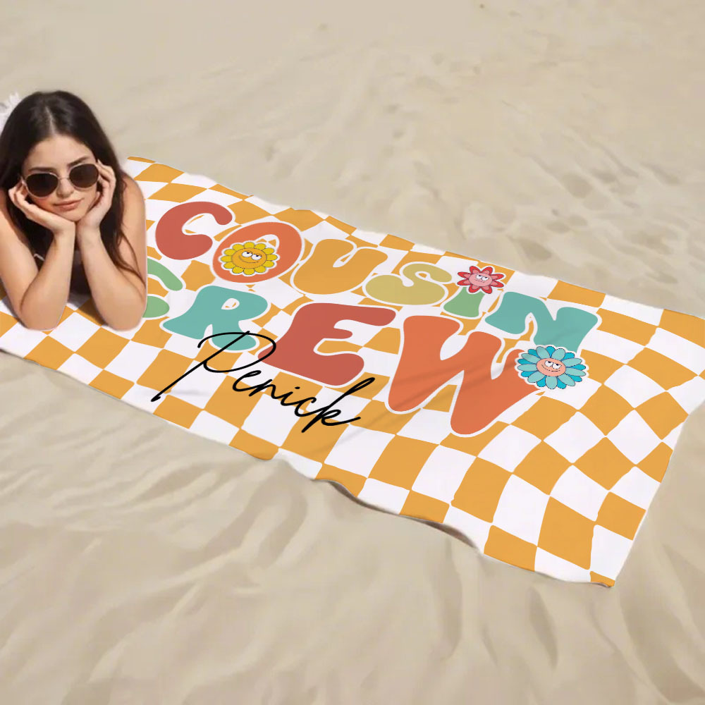 Personalised Cousin Crew Plaid Design Oversized Quick Dry Beach Towel with Name Birthday Summer Vacation Accessory Gift for Kids - CustWit