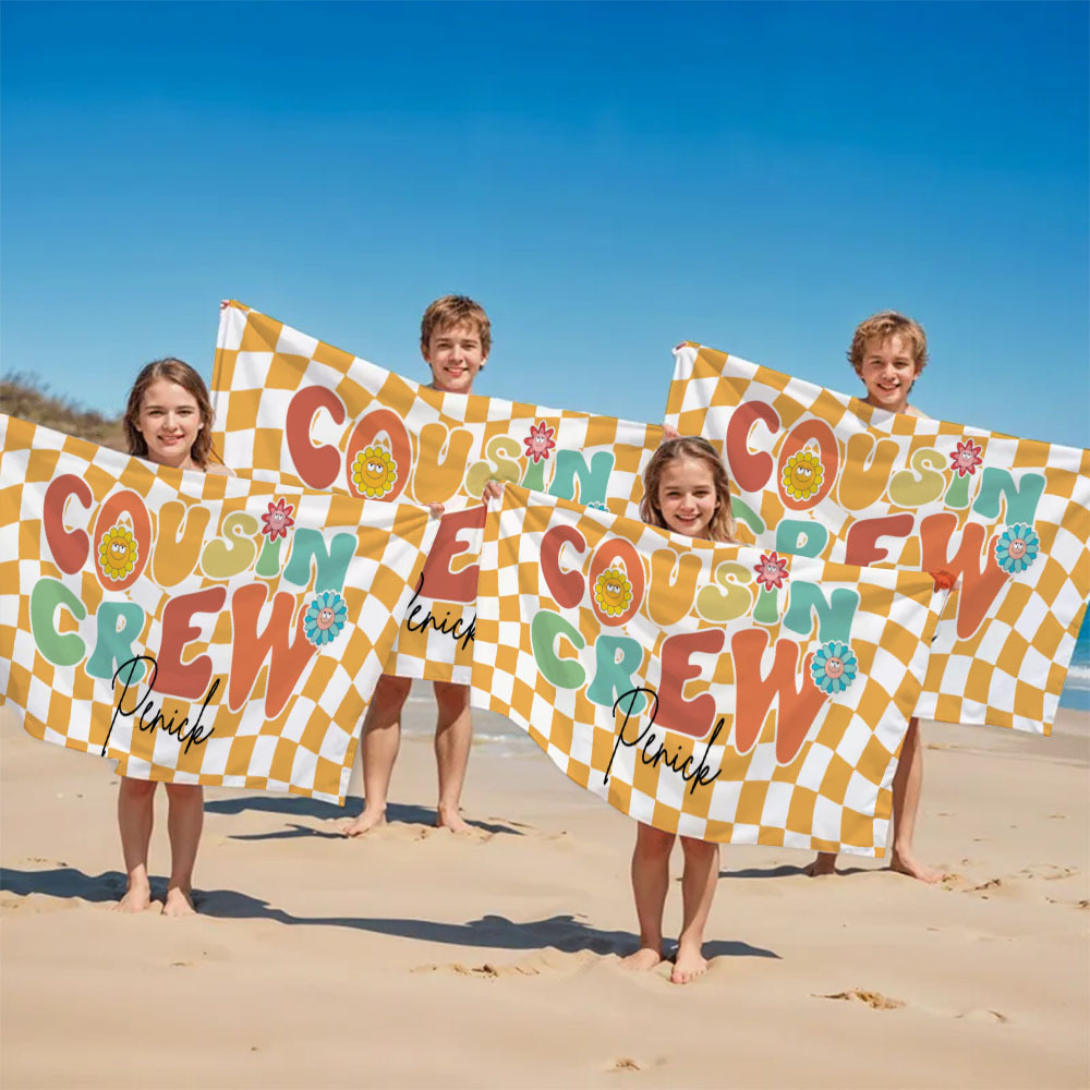 Personalised Cousin Crew Plaid Design Oversized Quick Dry Beach Towel with Name Birthday Summer Vacation Accessory Gift for Kids - CustWit