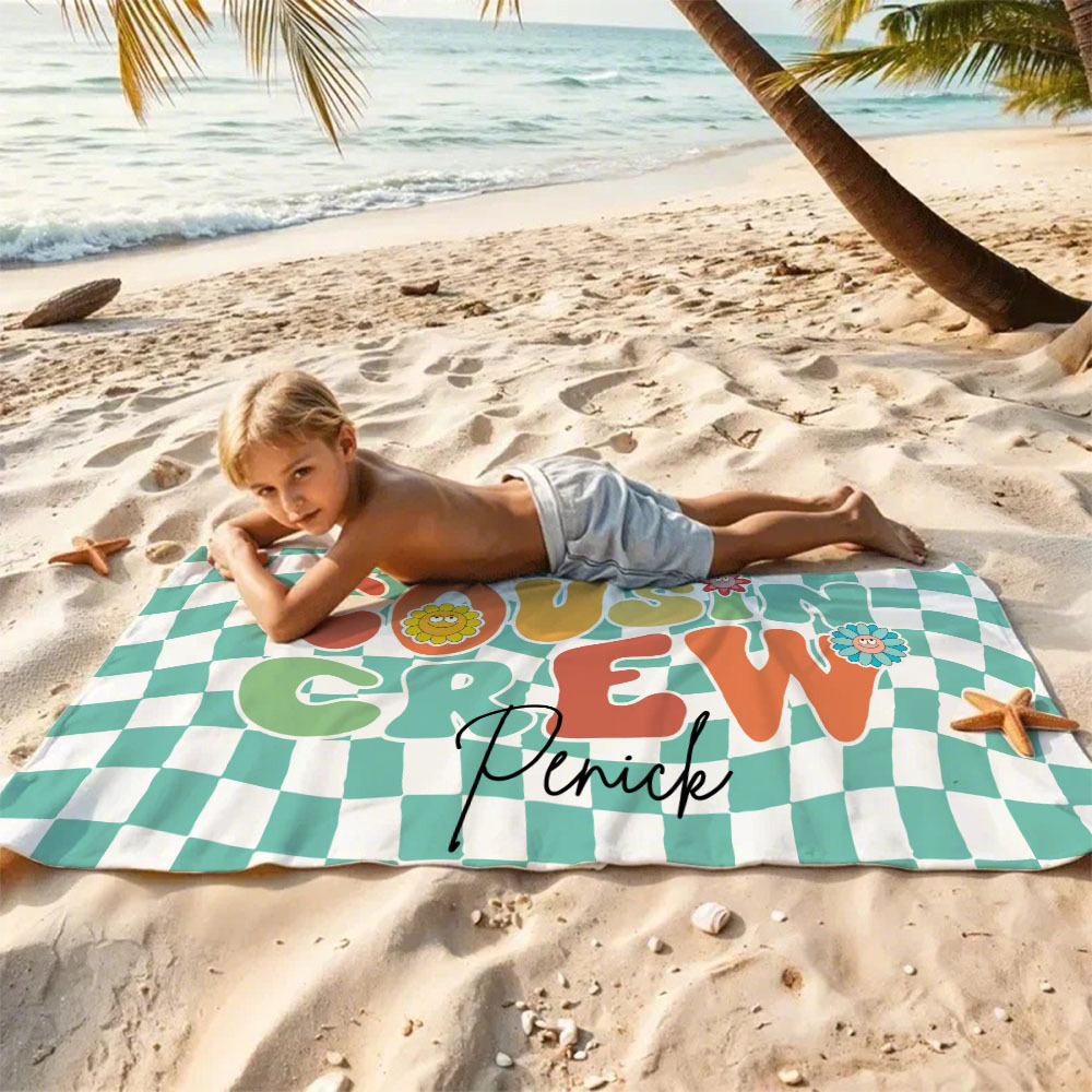 Personalised Cousin Crew Plaid Design Oversized Quick Dry Beach Towel with Name Birthday Summer Vacation Accessory Gift for Kids - CustWit