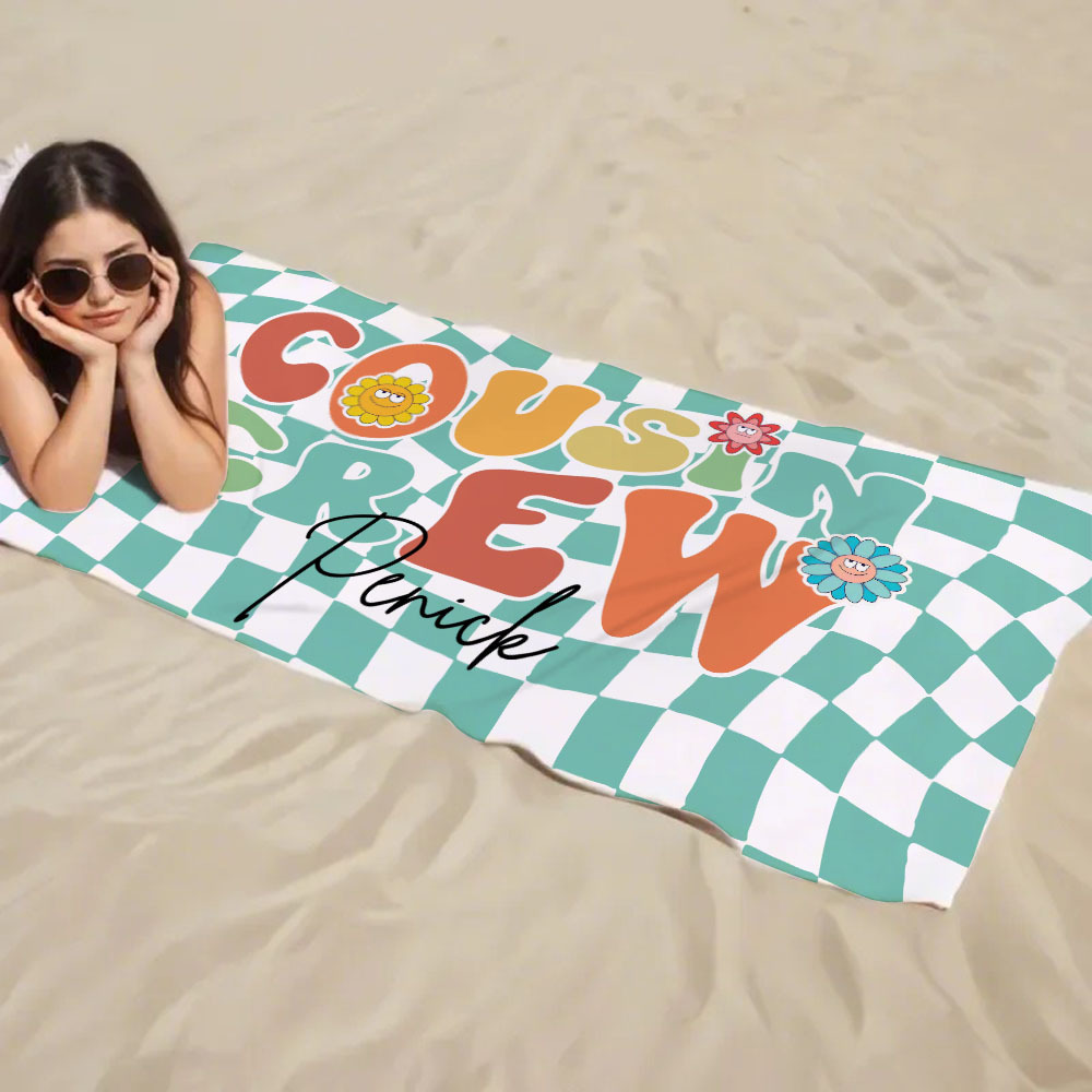 Personalised Cousin Crew Plaid Design Oversized Quick Dry Beach Towel with Name Birthday Summer Vacation Accessory Gift for Kids - CustWit