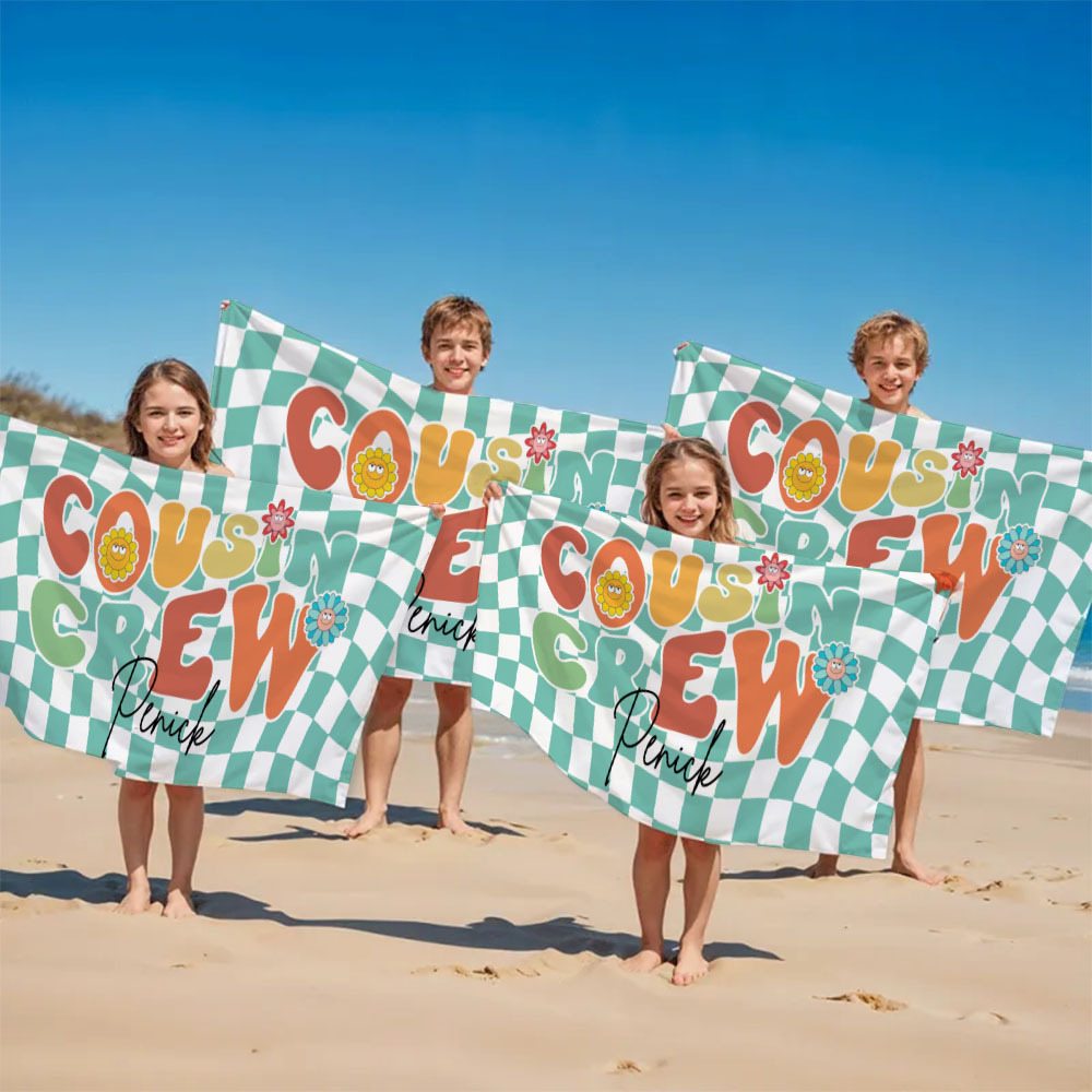 Personalised Cousin Crew Plaid Design Oversized Quick Dry Beach Towel with Name Birthday Summer Vacation Accessory Gift for Kids - CustWit