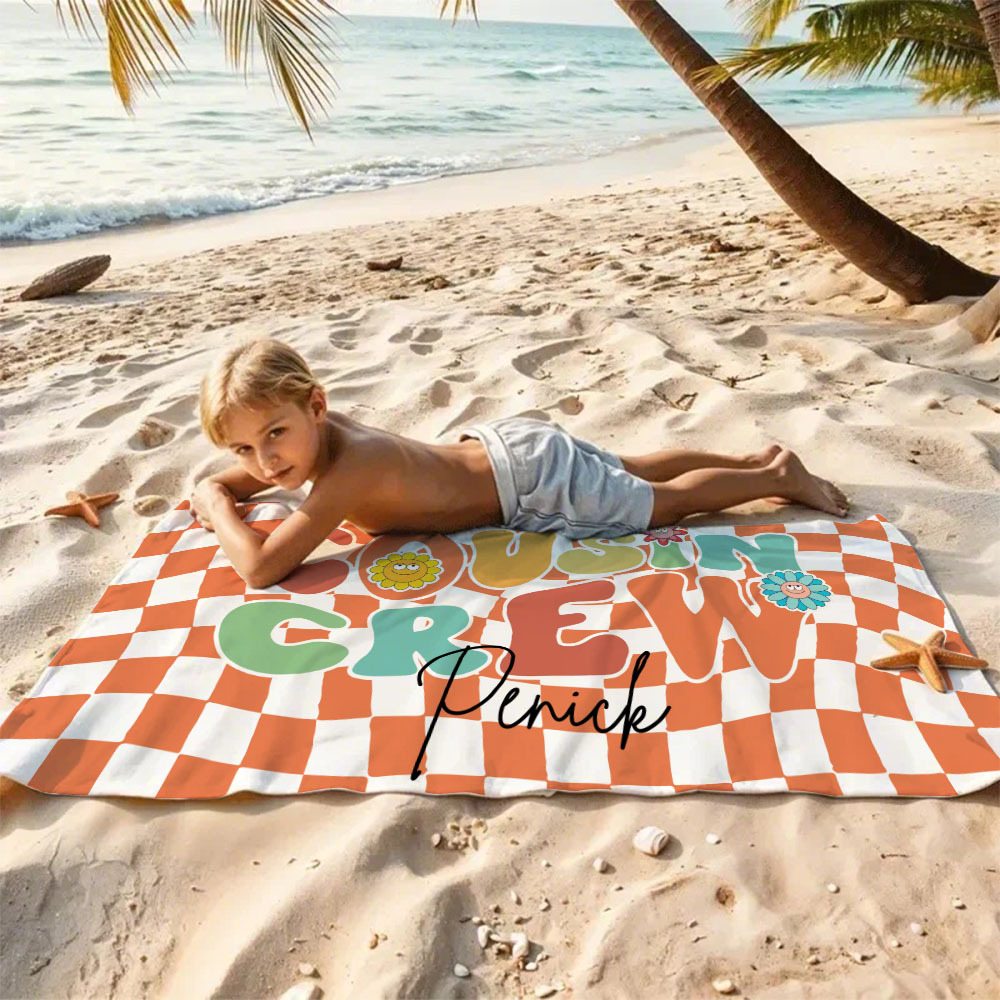 Personalised Cousin Crew Plaid Design Oversized Quick Dry Beach Towel with Name Birthday Summer Vacation Accessory Gift for Kids - CustWit