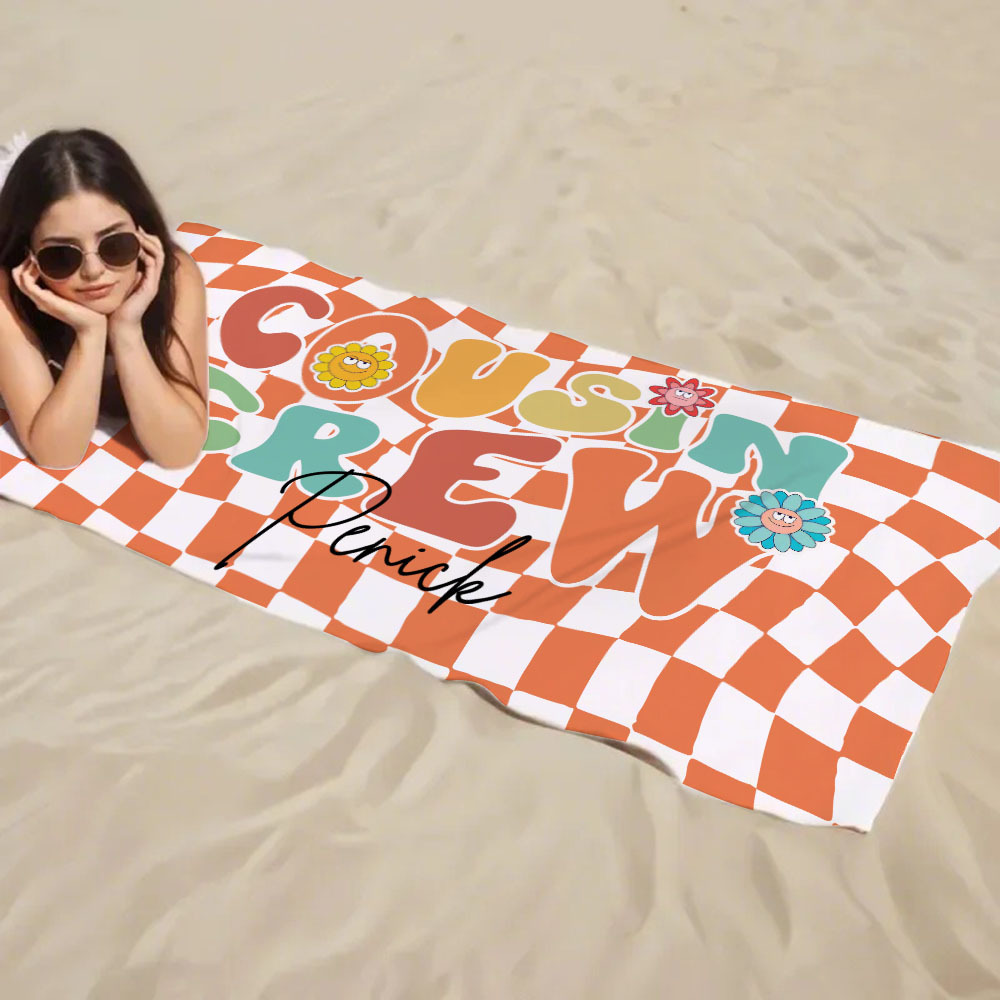 Personalised Cousin Crew Plaid Design Oversized Quick Dry Beach Towel with Name Birthday Summer Vacation Accessory Gift for Kids - CustWit