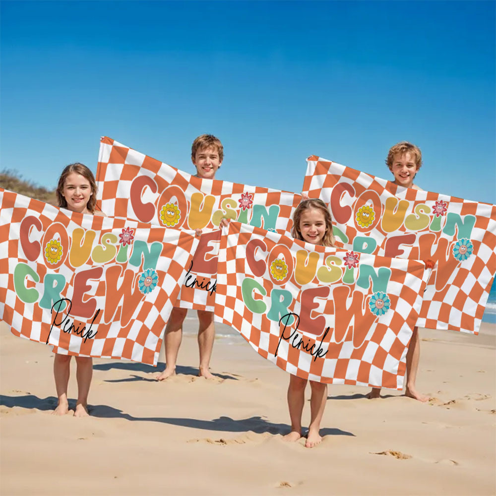 Personalised Cousin Crew Plaid Design Oversized Quick Dry Beach Towel with Name Birthday Summer Vacation Accessory Gift for Kids - CustWit