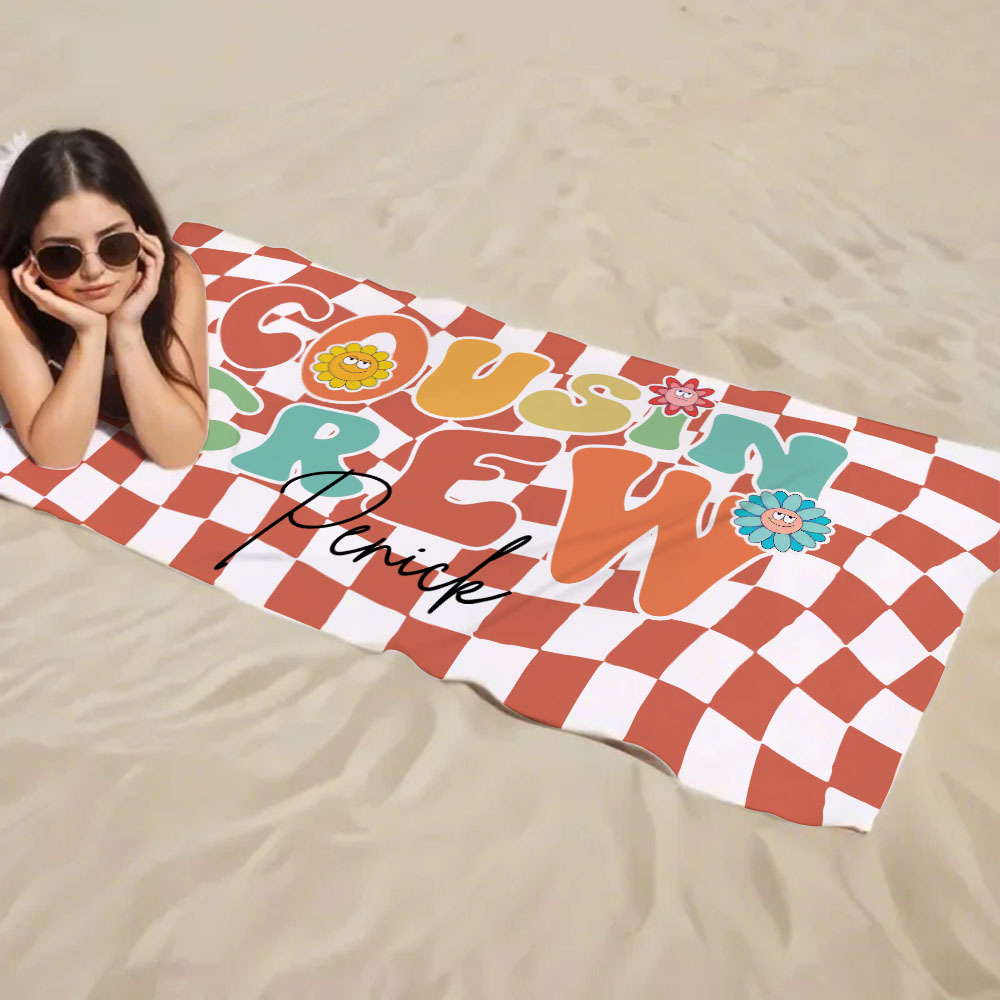 Personalised Cousin Crew Plaid Design Oversized Quick Dry Beach Towel with Name Birthday Summer Vacation Accessory Gift for Kids - CustWit