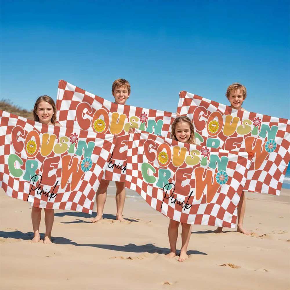 Personalised Cousin Crew Plaid Design Oversized Quick Dry Beach Towel with Name Birthday Summer Vacation Accessory Gift for Kids - CustWit