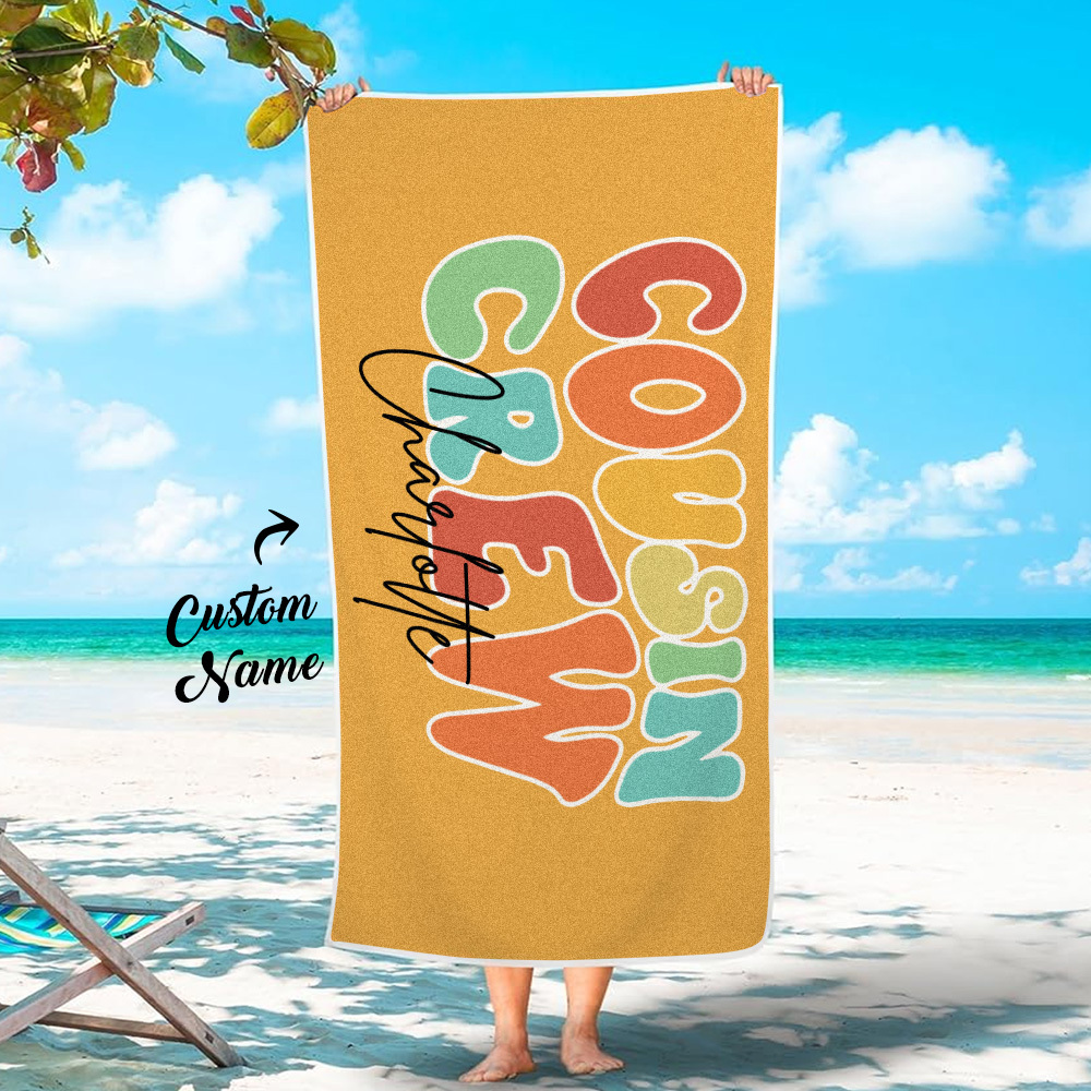 Personalized Name Cousin Crew Beach Towel, Perfect for Family Outings - CustWit