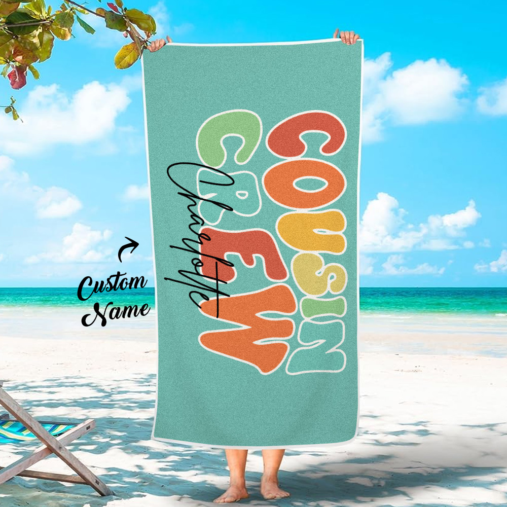 Personalized Name Cousin Crew Beach Towel, Perfect for Family Outings - CustWit