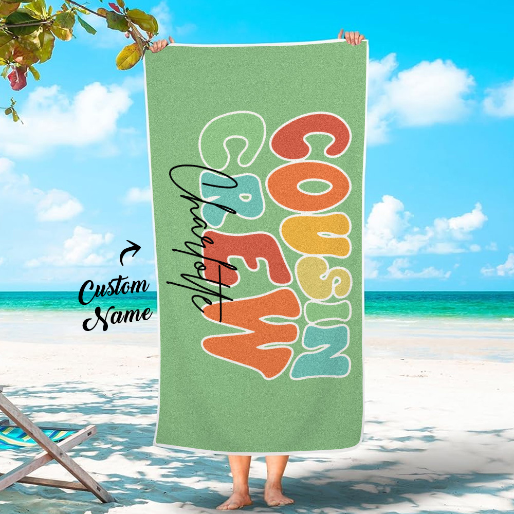 Personalized Name Cousin Crew Beach Towel, Perfect for Family Outings - CustWit