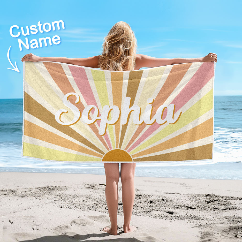 Custom Beach Towel with Name Vintage Style Stripe Pattern Summer Vacation Party Girl Trip Towel Gift - CustWit