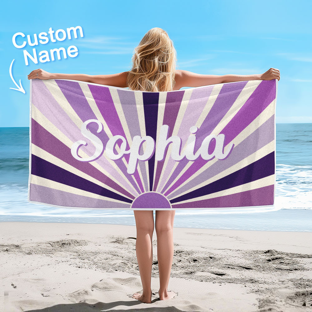 Custom Beach Towel with Name Vintage Style Stripe Pattern Summer Vacation Party Girl Trip Towel Gift - CustWit