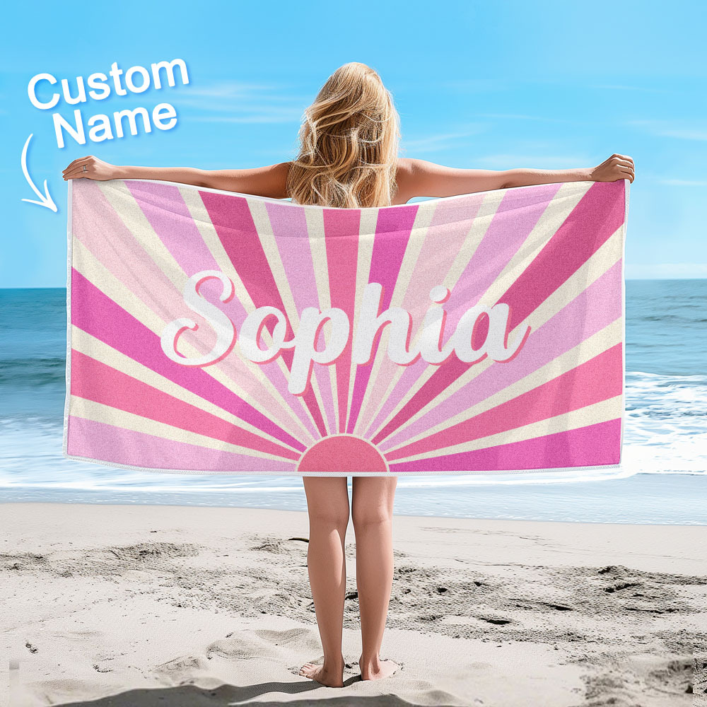 Custom Beach Towel with Name Vintage Style Stripe Pattern Summer Vacation Party Girl Trip Towel Gift - CustWit
