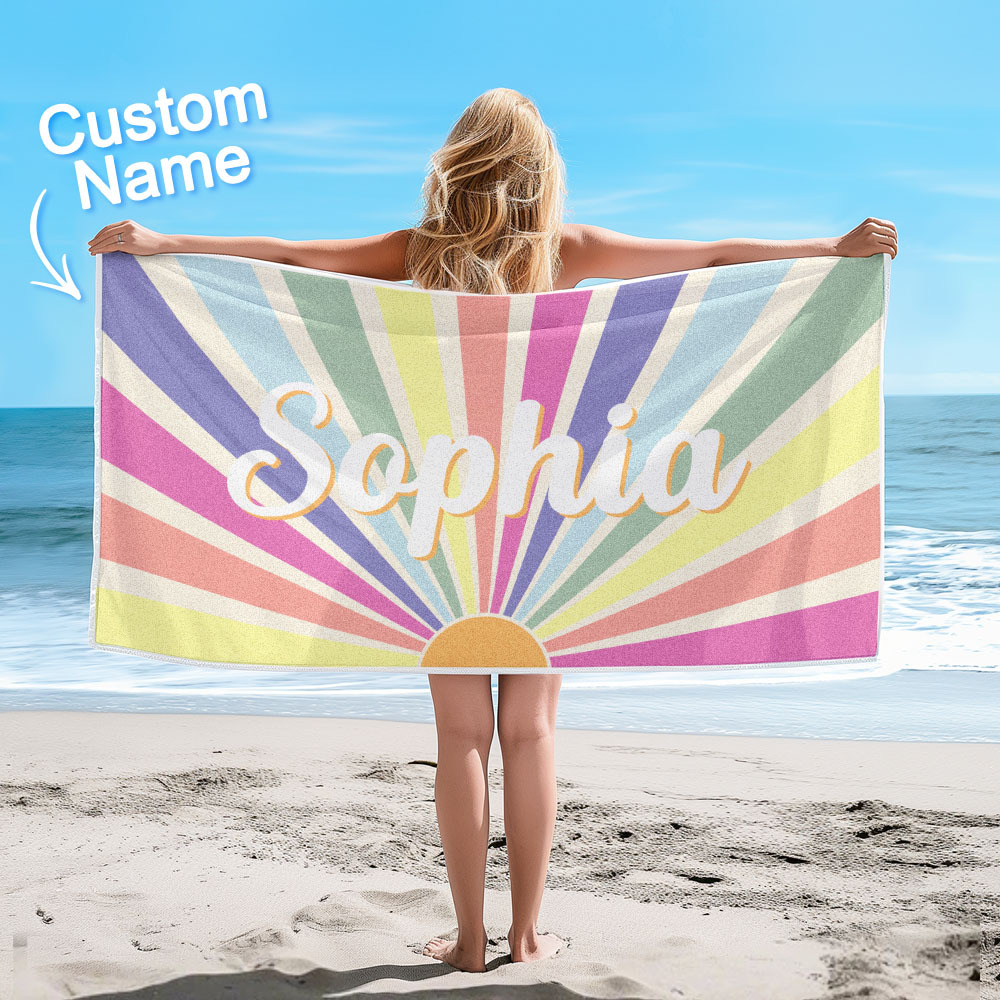 Custom Beach Towel with Name Vintage Style Stripe Pattern Summer Vacation Party Girl Trip Towel Gift - CustWit
