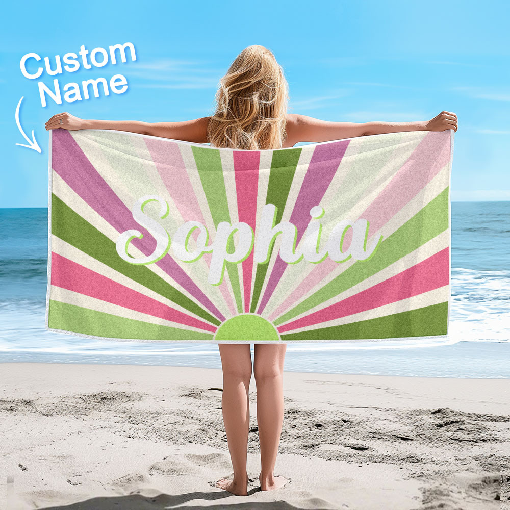 Custom Beach Towel with Name Vintage Style Stripe Pattern Summer Vacation Party Girl Trip Towel Gift - CustWit